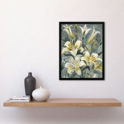 "Artery8 Elegant White Lily Bouquet Grey Gold Floral Framed Art Print - Size: W12"" x H16""" - thumbnail 4