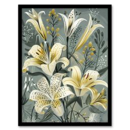"Artery8 Elegant White Lily Bouquet Grey Gold Floral Framed Art Print - Size: W12"" x H16""" - thumbnail 1