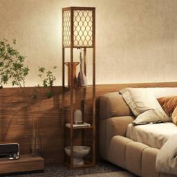 HOMCOM Modern Floor Lamp Light with 3 Shelves Fabric Lampshade, Rustic Brown