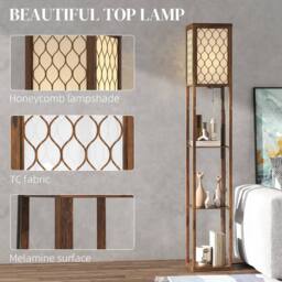 HOMCOM Modern Floor Lamp Light with 3 Shelves Fabric Lampshade, Rustic Brown - thumbnail 4