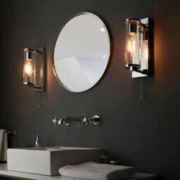 Loops Chrome Bathroom Wall Light & Cylinder Glass Shade - IP44 Rated - Modern Sconce in Clear - thumbnail 3