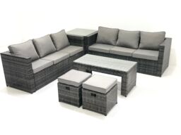 Fimous Garden Outdoor Rattan Furniture Set with Sofa Coffee table 2 Small Footstools Side Table Dark Grey Mixed - thumbnail 2