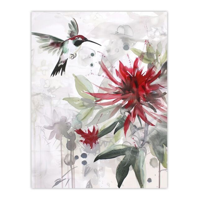 "Artery8 Hummingbird Red Monarda Flowers Watercolour Wall Art Print - Size: W12"" x H16""" - image 1