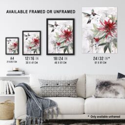 "Artery8 Hummingbird Red Monarda Flowers Watercolour Wall Art Print - Size: W12"" x H16""" - thumbnail 3
