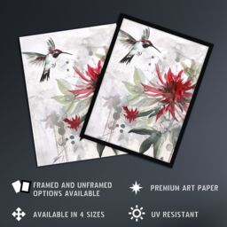 "Artery8 Hummingbird Red Monarda Flowers Watercolour Wall Art Print - Size: W12"" x H16""" - thumbnail 2