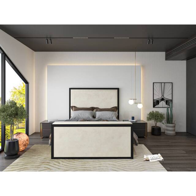 KDMD Madrid Upholstered Electric Media Black & Cream White TV Bed Frame - Size: Small Double - image 1