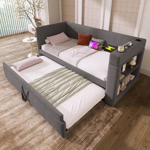 STILVORA 3ft Single Daybed with Trundle & USB Charging Grey - image 1