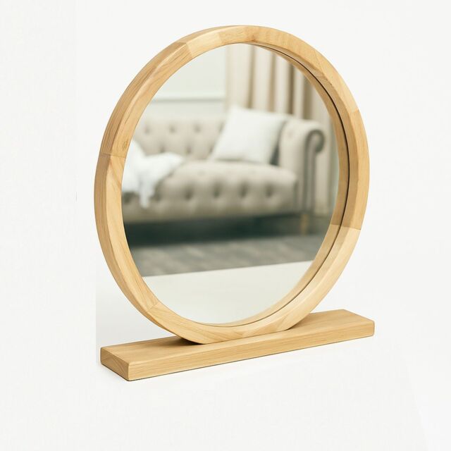 Melody Maison Round Wooden Freestanding Table Top Mirror in Brown - image 1