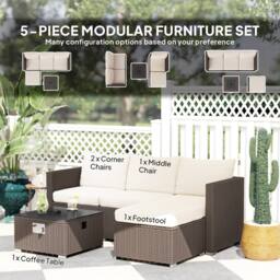 OUTSUNNY 4 Seater Rattan Sofa Set with Footstool Thick Cushions Brown Cream - thumbnail 4