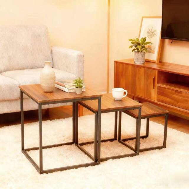 Alivio Set of 3 Industrial Nesting Coffee Table Space-Saving with Metal Frame in Brown - image 1