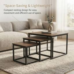 Alivio Set of 3 Space-Saving Industrial Nesting Coffee Table with Metal Frame in Brown - thumbnail 9