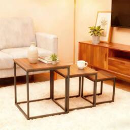 Alivio Set of 3 Industrial Nesting Coffee Table Space-Saving with Metal Frame in Brown - thumbnail 1