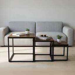 Alivio Set of 3 Industrial Nesting Coffee Table Space-Saving with Metal Frame in Brown - thumbnail 4