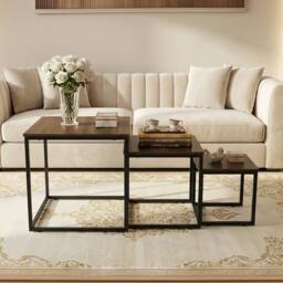 Alivio Set of 3 Industrial Nesting Coffee Table Space-Saving with Metal Frame in Brown - thumbnail 2