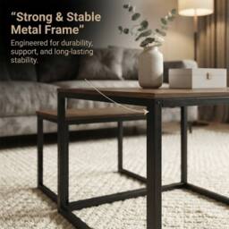 Alivio Set of 3 Space-Saving Industrial Nesting Coffee Table with Metal Frame in Brown - thumbnail 8
