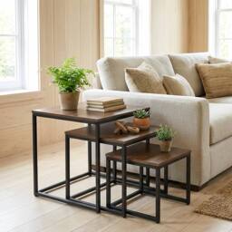 Alivio Set of 3 Industrial Nesting Coffee Table Space-Saving with Metal Frame in Brown - thumbnail 3
