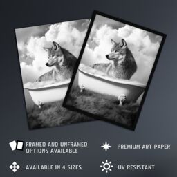 "Artery8 Wolf in Bathtub Surreal Black White Bubble Bath Wall Art Print in Grey - Size: W24"" x H32""" - thumbnail 2