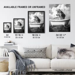 "Artery8 Wolf in Bathtub Surreal Black White Bubble Bath Wall Art Print in Grey - Size: W24"" x H32""" - thumbnail 3