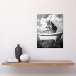 "Artery8 Wolf in Bathtub Surreal Black White Bubble Bath Wall Art Print in Grey - Size: W24"" x H32""" - thumbnail 4