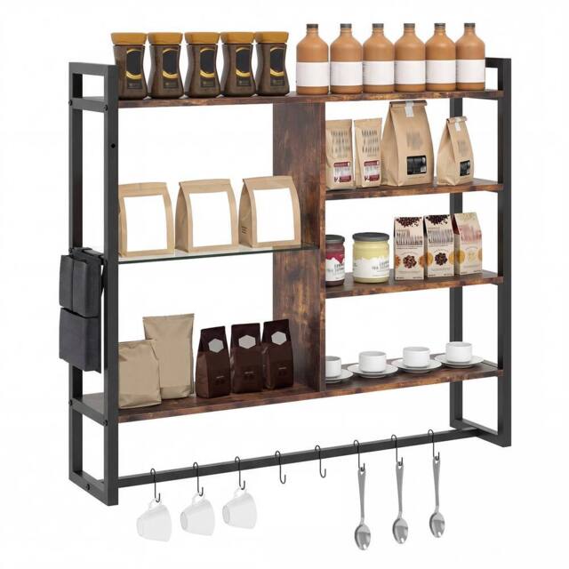 Costway Industrial Floating Shelves 6-Tier Wall Mounted Shelf w/ 8 S-Hooks in Black - image 1