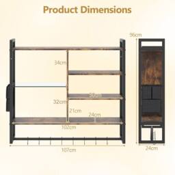 Costway Industrial Floating Shelves 6-Tier Wall Mounted Shelf w/ 8 S-Hooks in Black - thumbnail 2