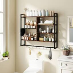 Costway Industrial Floating Shelves 6-Tier Wall Mounted Shelf w/ 8 S-Hooks in Black - thumbnail 3