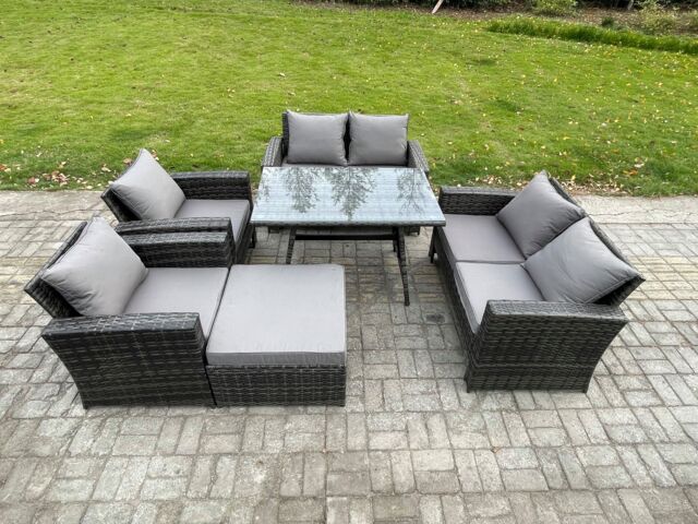 Fimous Rattan Garden Furniture Set 7 Seater Patio Outdoor Lounge Sofa Set with Rectangular Dining Table Love Seat Sofa in Dark Grey