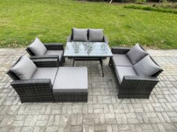 Fimous Rattan Garden Furniture Set 7 Seater Patio Outdoor Lounge Sofa Set with Rectangular Dining Table Love Seat Sofa in Dark Grey - thumbnail 1