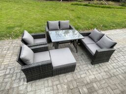 Fimous Rattan Garden Furniture Set 7 Seater Patio Outdoor Lounge Sofa Set with Rectangular Dining Table Love Seat Sofa in Dark Grey - thumbnail 2