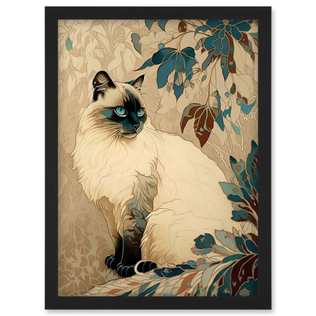 Artery8 Blue Point Ragdoll Cat & Plant Pattern Art Nouveau Modern Illustration Artwork Framed Wall Art Print A4 in Black - image 1