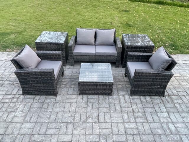 Fimous Outdoor Lounge Sofa Set Wicker PE Rattan Garden Furniture Set with Armchair Squar Coffee Table 2 Side Tables in Dark Grey