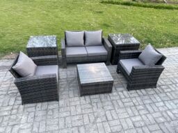 Fimous Outdoor Lounge Sofa Set Wicker PE Rattan Garden Furniture Set with Armchair Squar Coffee Table 2 Side Tables in Dark Grey - thumbnail 2