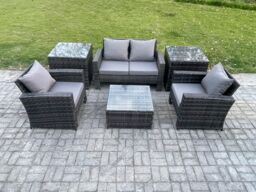 Fimous Outdoor Lounge Sofa Set Wicker PE Rattan Garden Furniture Set with Armchair Squar Coffee Table 2 Side Tables in Dark Grey - thumbnail 1