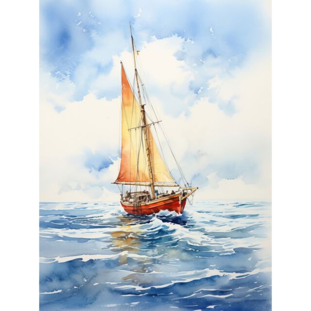 "Artery8 Wall Art Print Orange Sailing Boat Watercolour Painting Bathroom Artwork Sail at Sea Seascape Poster in Blue - Size: W24"" x H32""" - image 1