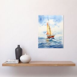 "Artery8 Wall Art Print Orange Sailing Boat Watercolour Painting Bathroom Artwork Sail at Sea Seascape Poster in Blue - Size: W24"" x H32""" - thumbnail 2
