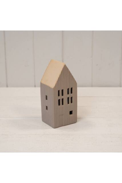 KDMD Small Grey Ribbed Ceramic LED House with Sand Roof. 6 Hour Timer - image 1