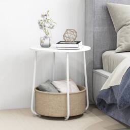 VOGREX 2-Tier Round Side Table Fabric Basket White - thumbnail 6