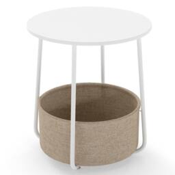 VOGREX 2-Tier Round Side Table Fabric Basket White - thumbnail 1