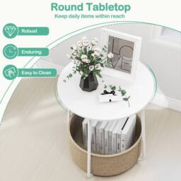 VOGREX 2-Tier Round Side Table Fabric Basket White - thumbnail 3