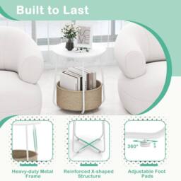 VOGREX 2-Tier Round Side Table Fabric Basket White - thumbnail 4