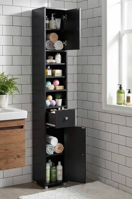 Living and Home Tall Bathroom Storage Cabinet with L-shaped Corner Brace in Black - image 1
