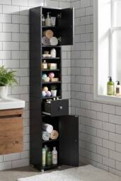 Living and Home Tall Bathroom Storage Cabinet with L-shaped Corner Brace in Black - thumbnail 1