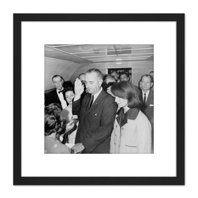 Artery8 US President Johnson Takes Oath Air Force 1 Photo 8X8 Inch Square Wooden Framed Wall Art Print Picture with Mount in Black - image 1