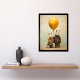 "Artery8 Wall Art Print Cute Nursery Artwork Rabbits & Balloon Adventure Oil Painting Art Framed in Black - Size: W12"" x H16""" - thumbnail 2