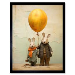 "Artery8 Wall Art Print Cute Nursery Artwork Rabbits & Balloon Adventure Oil Painting Art Framed in Black - Size: W12"" x H16""" - thumbnail 1