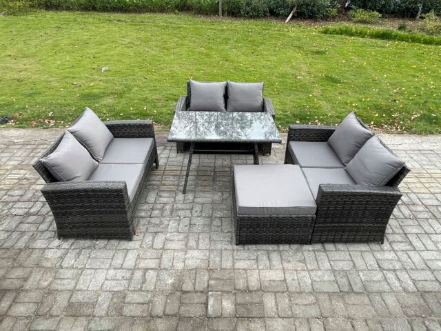 Fimous 7 Seater Rattan Wicker Garden Furniture Patio Conservatory Sofa Set with Rectangular Dining Table Love Seat Sofa in Dark Grey - image 1