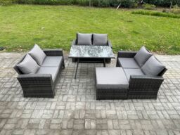 Fimous 7 Seater Rattan Wicker Garden Furniture Patio Conservatory Sofa Set with Rectangular Dining Table Love Seat Sofa in Dark Grey - thumbnail 1