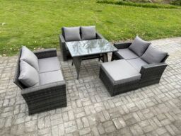 Fimous 7 Seater Rattan Wicker Garden Furniture Patio Conservatory Sofa Set with Rectangular Dining Table Love Seat Sofa in Dark Grey - thumbnail 2