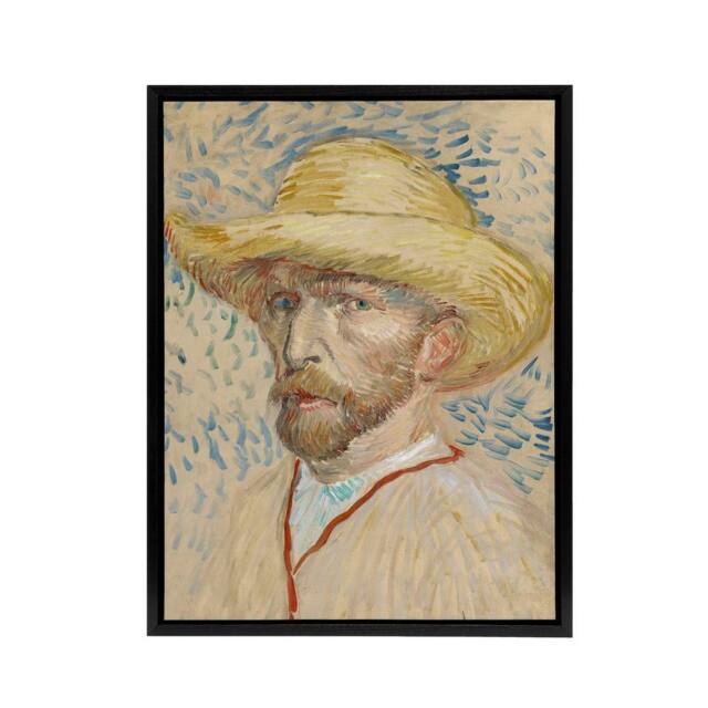 "Artery8 Self Portrait with Straw Hat Van Gogh Vintage Framed Canvas Wall Art in Beige - Size: W12"" x H16""" - image 1