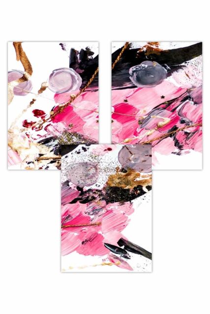 ARTZE Set of 3 Geometric Abstract Pink Candy Art Posters in Bright Pink - Size: W50 cm x H70 cm - image 1